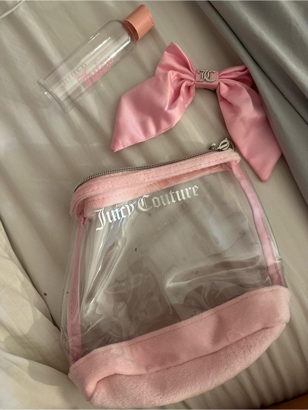 Juicy Couture Clear Cosmetic Bag with Pink Plush Trim